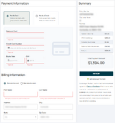 Credit card option. Required fields are outlined in red.
